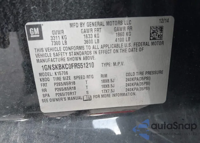 1GNSKBKC0FR551210: 43314015