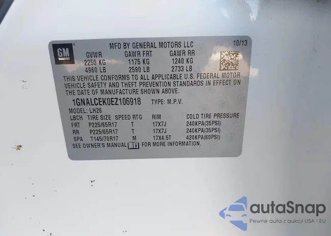 1GNALCEK0EZ106918: 43314350