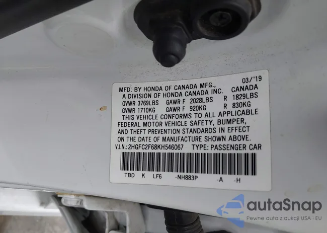 2HGFC2F68KH546067: 43316343