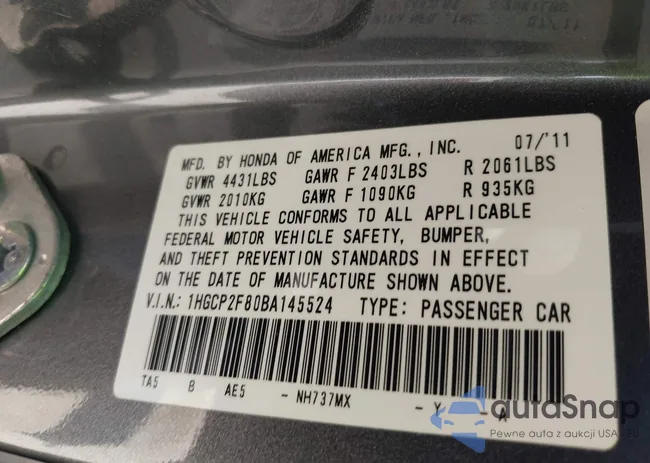 1HGCP2F80BA145524: 43315745