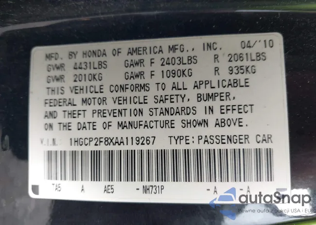 1HGCP2F8XAA119267: 43316856