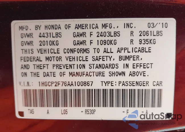 1HGCP2F76AA100867: 43316918