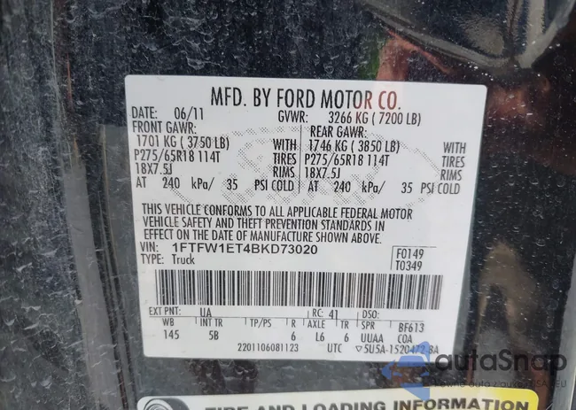 1FTFW1ET4BKD73020: 43316967