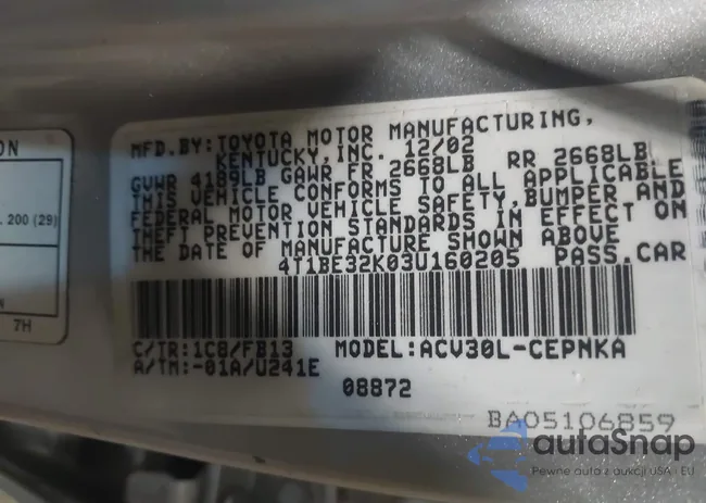 4T1BE32K03U160205: 43316995