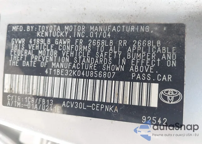 4T1BE32K04U856807: 43317332