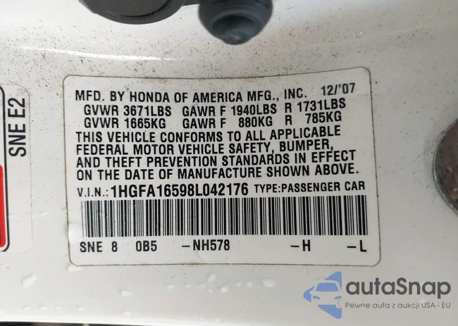 1HGFA16598L042176: 43316630