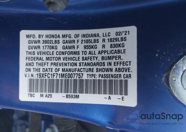 19XFC1F71ME007757: 43318188