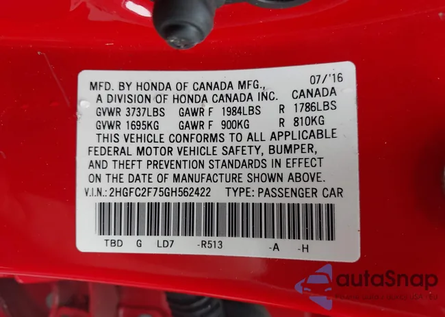 2HGFC2F75GH562422: 43318310