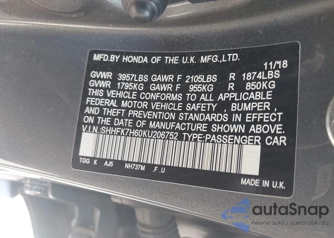 SHHFK7H60KU206752: 43318322