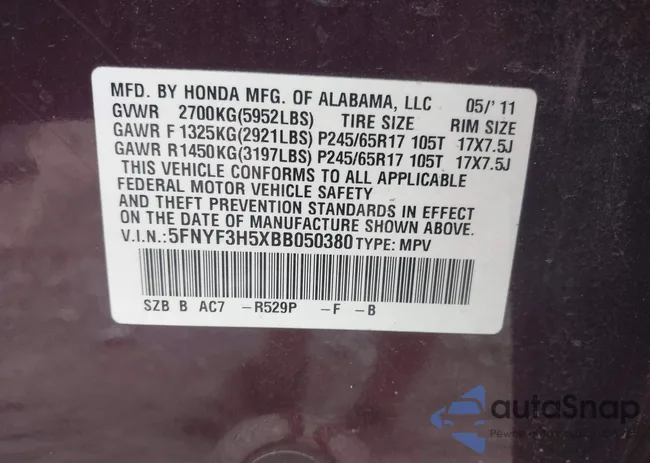 5FNYF3H5XBB050380: 43317445