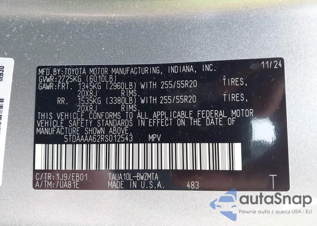 5TDAAAA62RS012543: 43318930