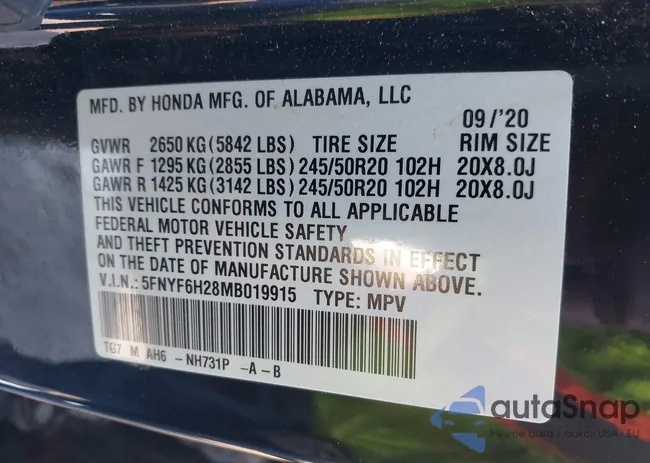 5FNYF6H28MB019915: 43319212