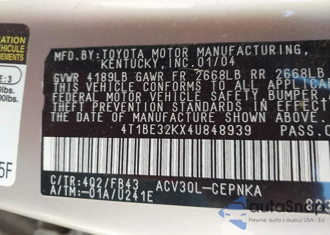 4T1BE32KX4U848939: 43319318