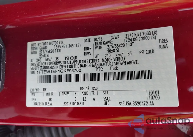 1FTEW1EF1GKF93762: 43318442