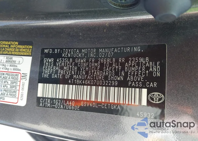 4T1BK46K07U032299: 43320070