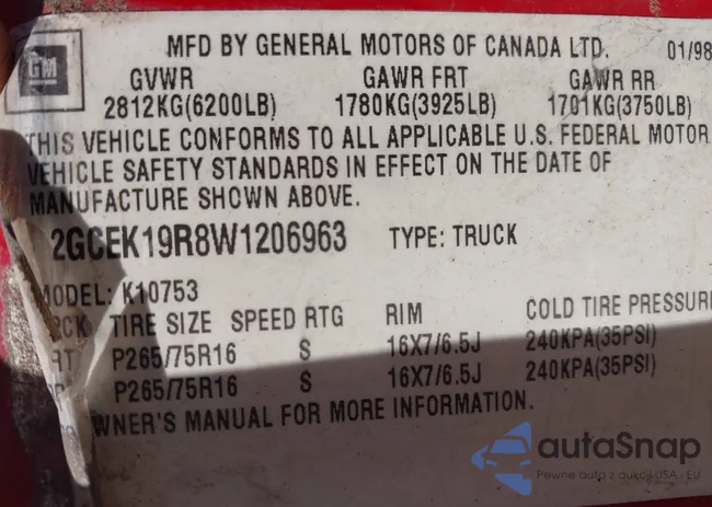 2GCEK19R8W1206963: 43320280