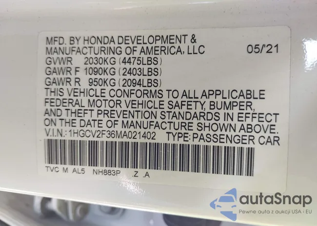 1HGCV2F36MA021402: 43321054