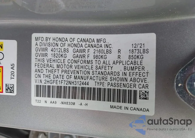 2HGFE1F72NH312444: 43321254