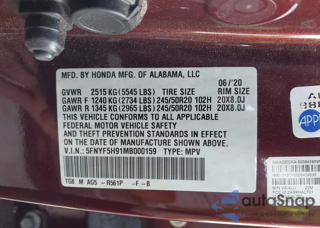 5FNYF5H91MB000159: 43321257