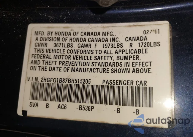 2HGFG1B87BH515205: 43321279