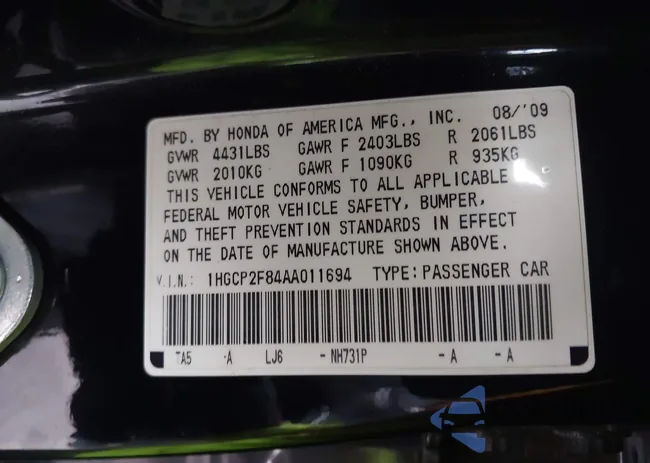 1HGCP2F84AA011694: 43320600