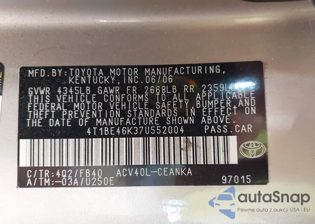 4T1BE46K37U552004: 43321763