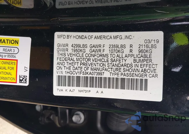 1HGCV1F53KA073997: 43322052