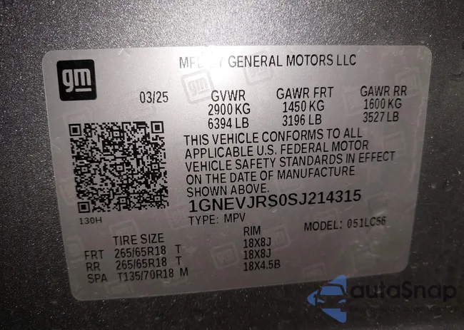 1GNEVJRS0SJ214315: 43322135