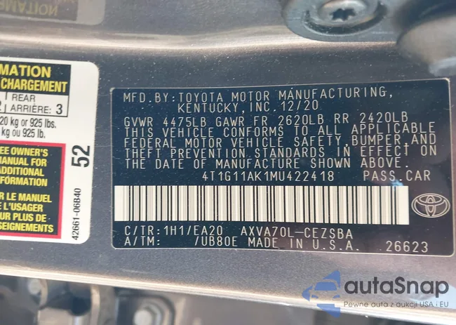 4T1G11AK1MU422418: 43322142