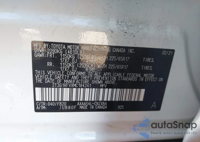 2T3G1RFVXMC184241: 43321602