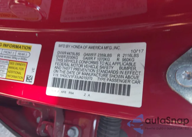 1HGCV1F33JA015370: 43321626