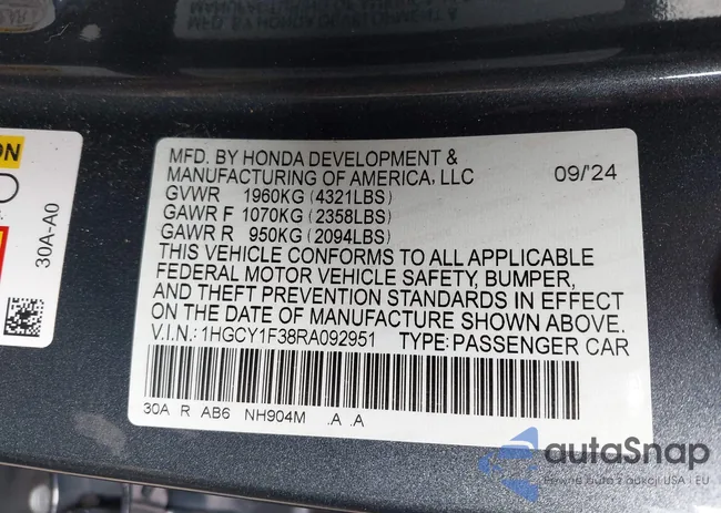 1HGCY1F38RA092951: 43321661