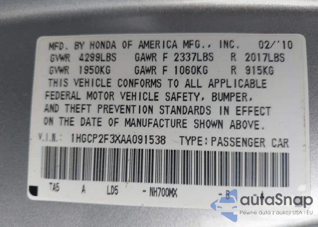 1HGCP2F3XAA091538: 43321670