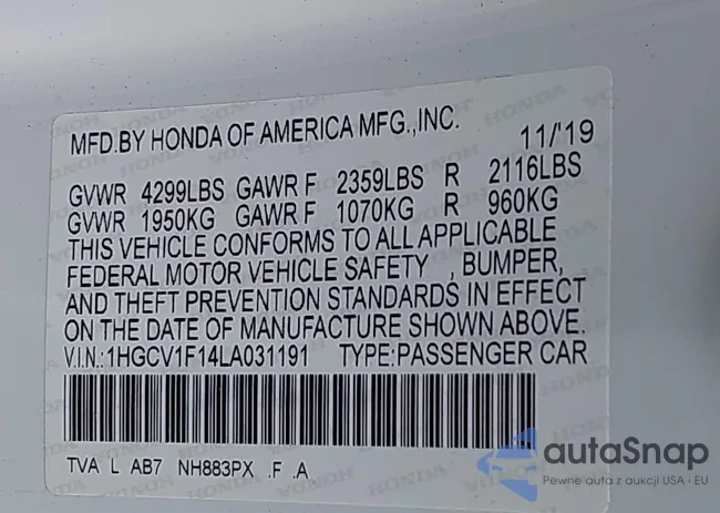 1HGCV1F14LA031191: 43323091