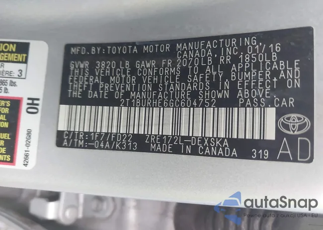 2T1BURHE6GC604752: 43324902