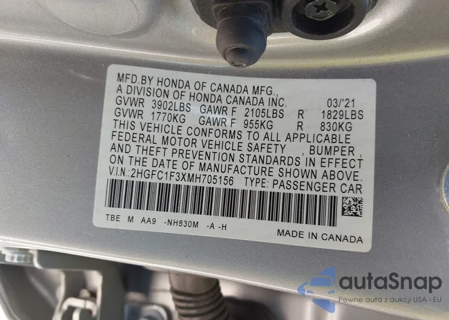 2HGFC1F3XMH705156: 43326237