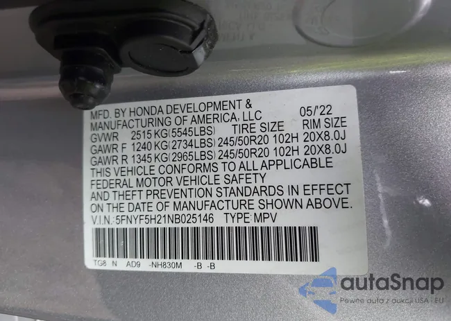 5FNYF5H21NB025146: 43325378