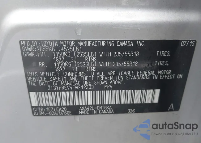 2T3YFREV4FW212303: 43325544