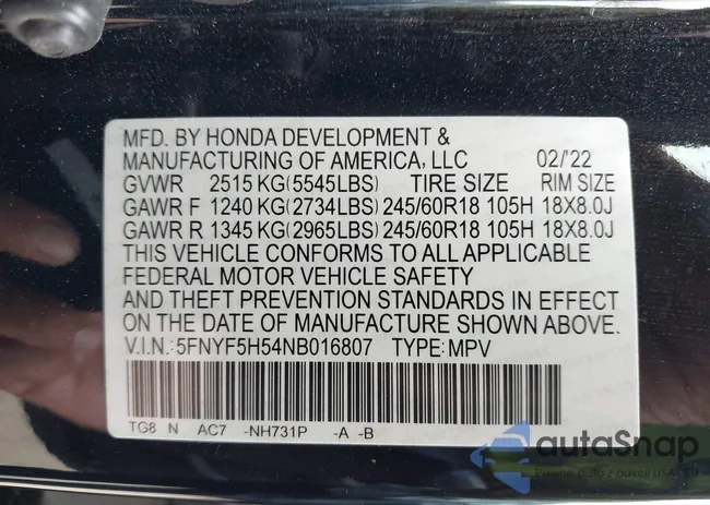 5FNYF5H54NB016807: 43325598