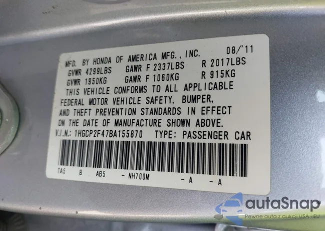 1HGCP2F47BA155870: 43325607