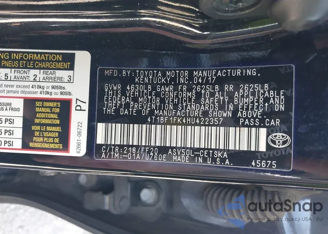 4T1BF1FK4HU422357: 43325634