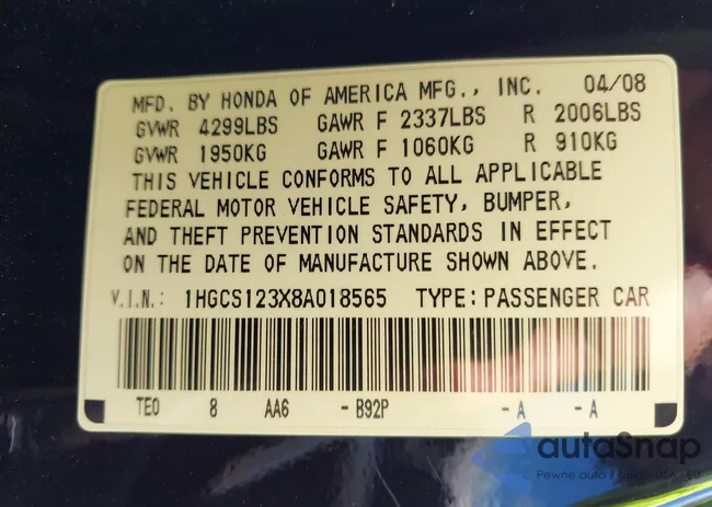 1HGCS123X8A018565: 43327199