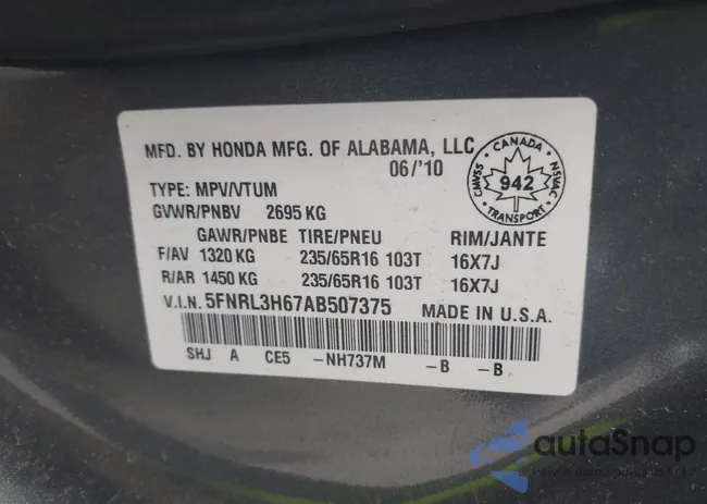 5FNRL3H67AB507375: 43327812