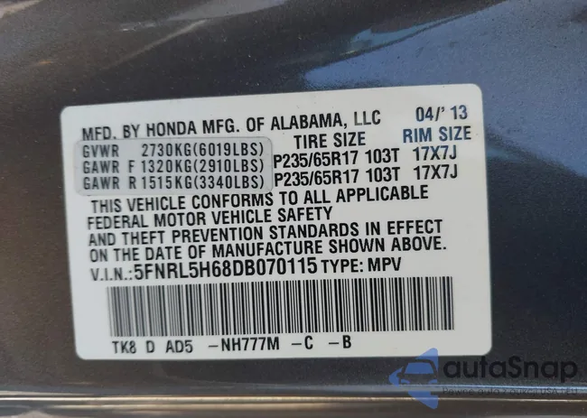 5FNRL5H68DB070115: 43327929