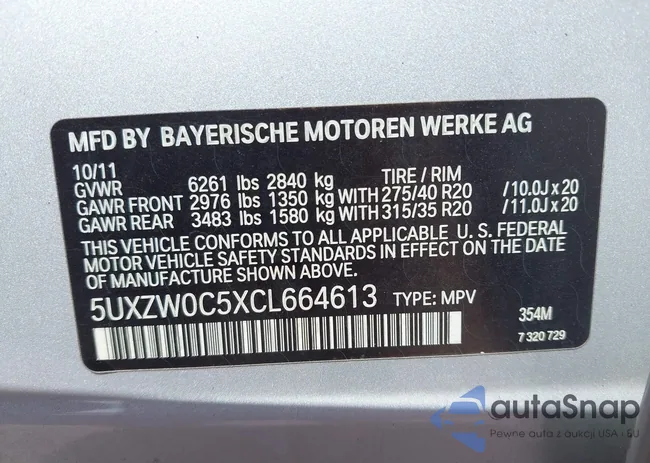 5UXZW0C5XCL664613: 43327344