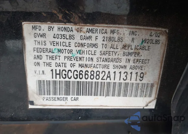 1HGCG66882A113119: 43327581