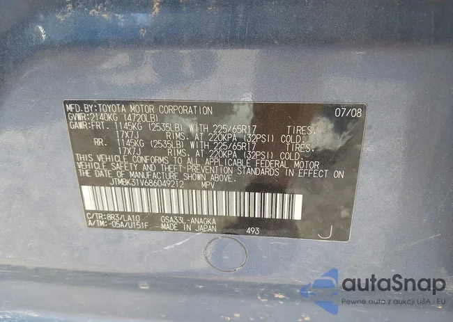 JTMBK31V686049212: 43328900