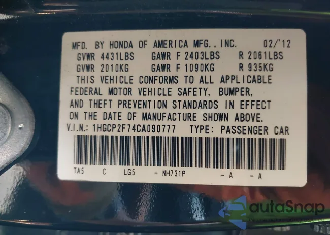 1HGCP2F74CA090777: 43330030