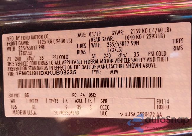 1FMCU9HDXKUB98235: 43330059