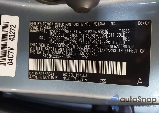 5TDZK22C67S078519: 43330116